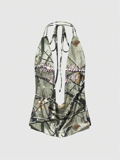 ROMWE Grunge Punk Kamouflage Slogan Sexig Rygglös Halterneck Topp Med Rosett För Damer