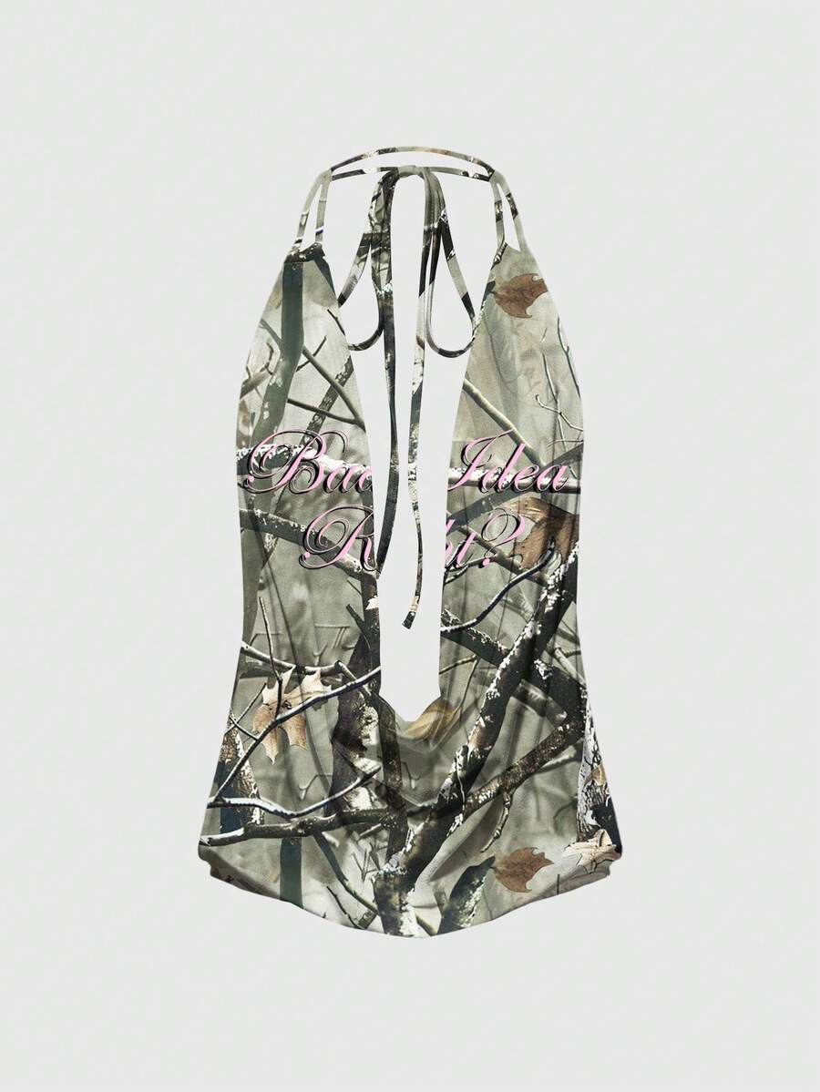 ROMWE Grunge Punk 迷彩标语性感露背吊带蝴蝶结上衣（女款） - 軍綠色 - 查看 1