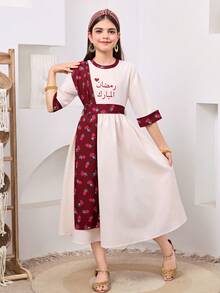 SHEIN 少女中东风情花卉拼接连衣裙，杏色和乳白色，适合节日、日常休闲穿着，可与姐妹装搭配，中东传统长袍 - 紅白色 - 查看 2
