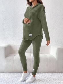 SHEIN 2pcs Maternity Casual Solid Color Hoodie And Pants Set, Autumn Fall - Army Green - View 3