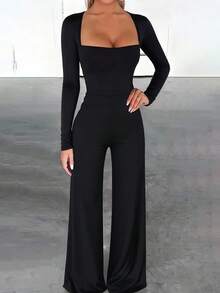 INAWLY Fitted Sexy Square Neck Backless Lace-Up Hem High Slit Long Sleeve Jumpsuit For Women - Black - View 3