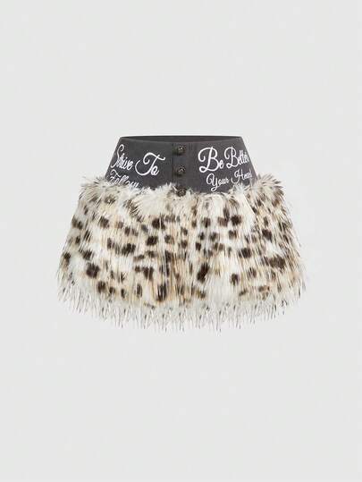 ROMWE Avant Minifalda sexy de talle ultra bajo con parches de tela bordados con eslogan retro, piel de leopardo y estilo Y2K para mujer