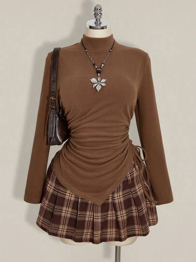 SHEIN ICON 加大码立领侧抽绳长袖T恤，保暖打底衫，休闲百搭，适合秋冬季穿着，棕色系服装，棕色衬衫，咖啡棕色上衣