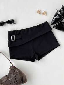 Elamini 休闲低腰紧身裤，拉链闭合，适合春秋季穿着 - 黑色 - 查看 1