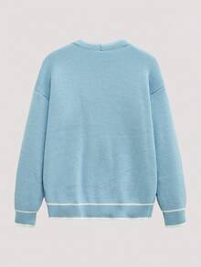 Open Phase Men's V-Neck Button Striped Knit Cardigan Jacket, Casual Loose Streetwear, Suitable For Spring, Autumn, Winter INS,Daily Matching, Boyfriend/Husband Gift, - Blue - View 2