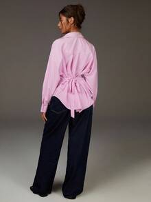 Athîral 女士休闲条纹印花宽松系带后腰衬衫，适合工作和通勤，春秋季 - 淺粉色 - 查看 5