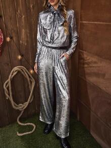 Women's Western Party Silver Bow Collar Long Sleeve Shirt + Wide Leg Pants With Side Pockets 2 Pieces Set, Suitable For New Year's Party, Banquet, LanaWest - Silver - View 6