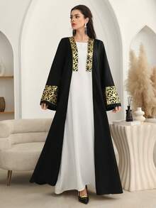 Al Najma 2025 New Elegant Middle Eastern Fashion Gold Foil Trim Cardigan Abaya Dress For Women - Black - View 3