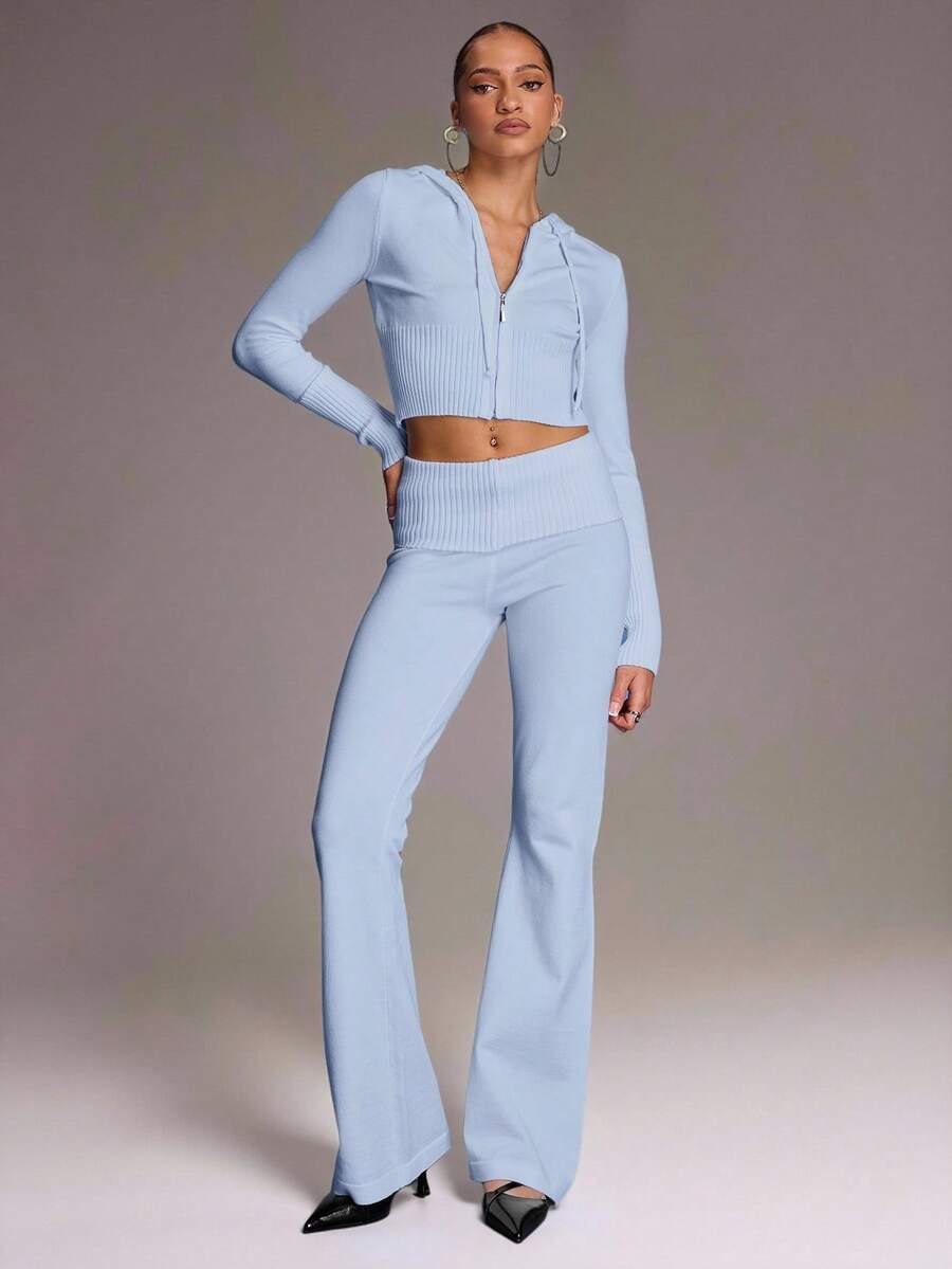 Normani 2pcs Set: Hooded Zip-Up Cardigan And High Waist Ruched Flared Pants In Fall/Winter - Blue - View 1