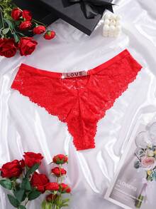 SHEIN Plus Size Rhinestone Letter Lace Panties, Valentine's Day Style - Red - View 2