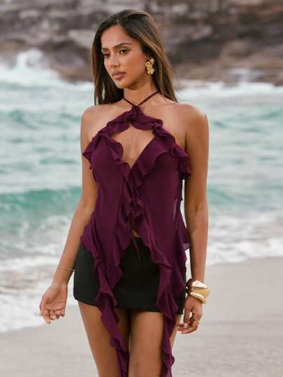 SHEIN BAE 女士度假纯色拼接荷叶边镂空性感时尚露背上衣