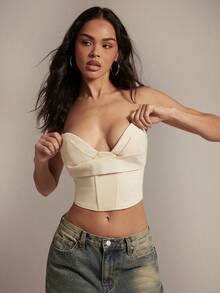 Hauture Sexy Casual Street Pointy Bust Pleated Strapless Bustier Bandeau Crop Top - Apricot - View 4