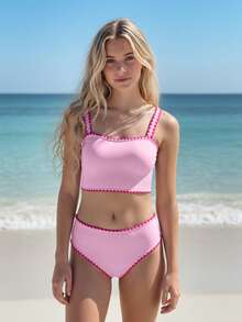 Teen Girl Summer Beach Vacation Contrast Trim Bikini Set High Waist Swimsuit Set Swimsuits For Teen Girls Pink Bathing Suit Set Pink Bikini With Scallop Trim Cute Swimsuit