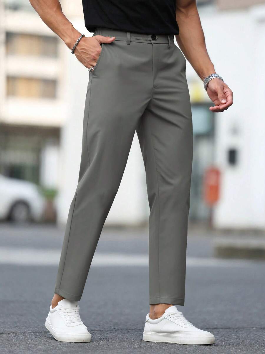 Calvornis Solid Color Casual Pants With Pockets And Belt Loops, Versatile For Daily Wear - Grey - View 1