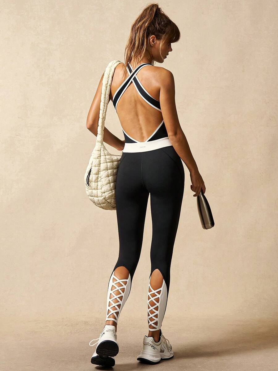 VARSIVA 女式深V领撞色滚边十字交叉露背镂空系带连体裤 - 彩色 - 查看 1