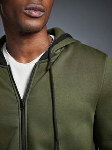 Driftmere 男式撞色拉链连帽运动衫，秋冬款 - 軍綠色 - 查看 6