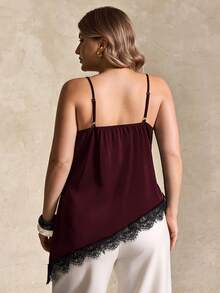 Elegantrix Plus Size Women Urban Casual Lace Asymmetric Hem V-Neck Patchwork Solid Color Cropped Camisole - Burgundy - View 2