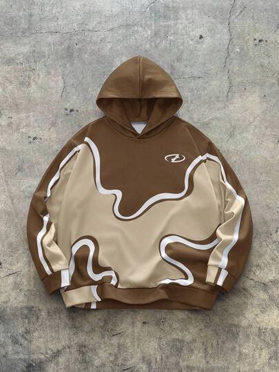 AXEPEAK Sudadera con capucha de talla grande para hombres con estampado gráfico y bloques de color, forro térmico, estilo callejero de moda para el trayecto diario, otoño/invierno