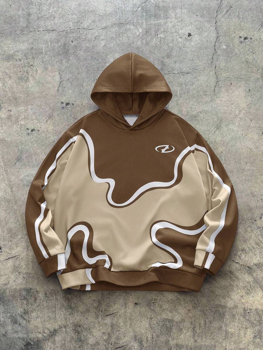 AXEPEAK Áo hoodie nam cỡ lớn, in họa tiết đồ họa, phối màu, giữ ấm, có lớp lót, phong cách đường phố thời trang cho việc đi lại hàng ngày, mùa thu/đông. - màu nâu - Xem 1