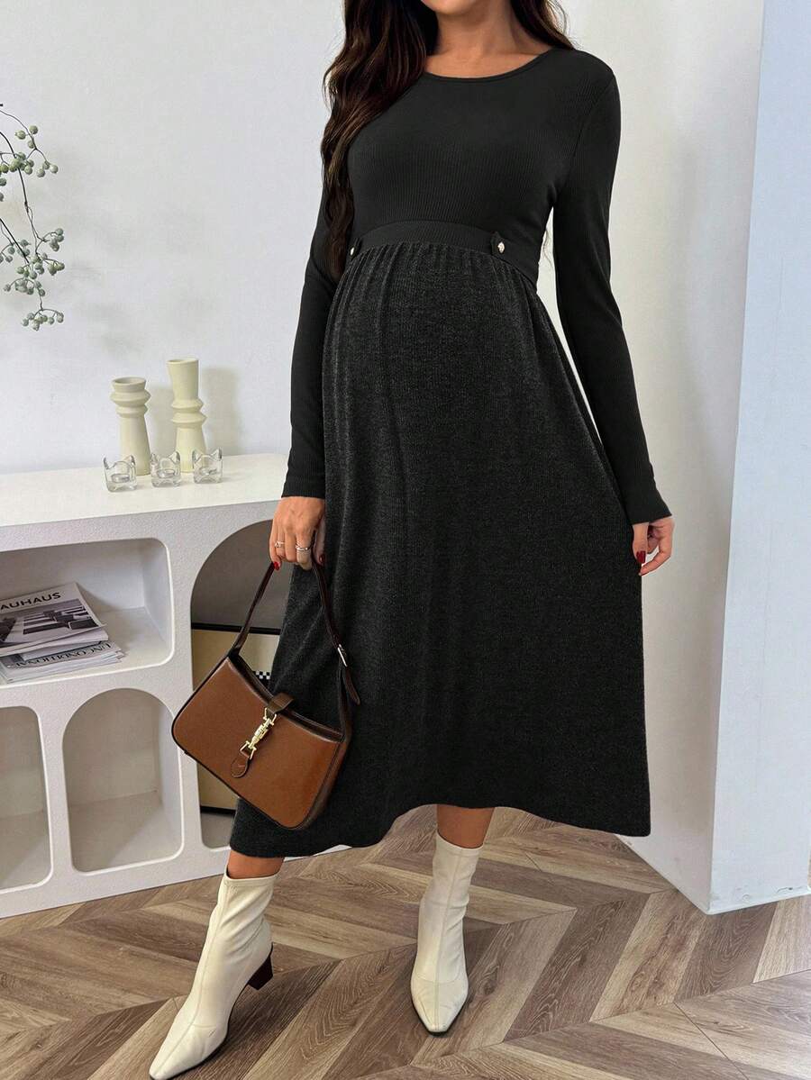 SHEIN 孕妇纯色圆领褶皱长袖休闲日常及派对连衣裙 - 黑色 - 查看 1