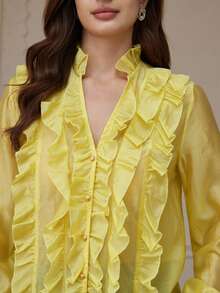 Revavyn Women's V-Neck Layered Ruffle Trim Loose Sheer Luster Long Sleeve Blouse - Yellow - View 1