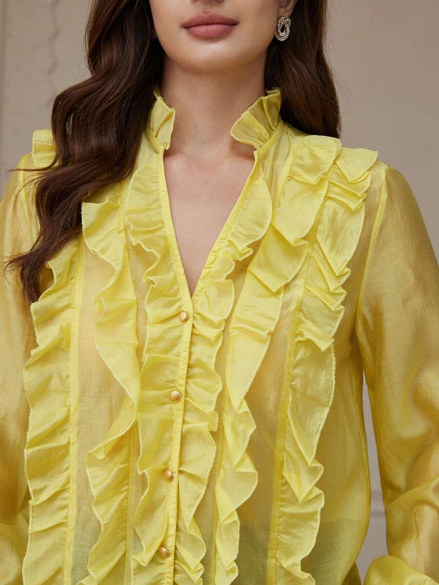 Revavyn Women's V-Neck Layered Ruffle Trim Loose Sheer Luster Long Sleeve Blouse - Yellow - View 1