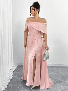 Elenzga 优雅露肩雪纺拼接水钻连衣裙，配披肩袖，适合情人节、郊游、聚会、派对和正式场合。 - 粉色 - 查看 4