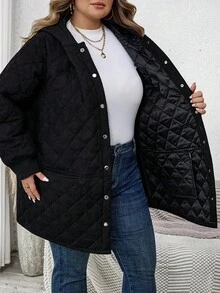 SHEIN CURVE+ 加大码灯芯绒绗缝连帽长袖口袋长款厚外套 - 黑色 - 查看 4