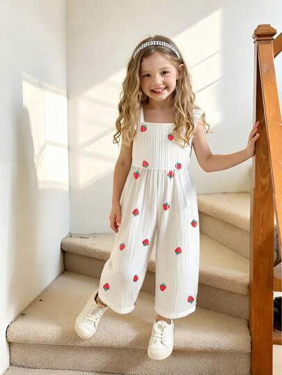Elladie kids 1 st vit ärmlös jumpsuit med körsbärsmönster och strumpebandshållare för ung flicka, dekorerad med fladdrande ärmar och röda detaljer, söt och fräsch stil, lämplig för vardagsbruk, lös passform för enkel rörelse, perfekt för vardagsbruk, lätta utomhustillfällen, skolstartstillfällen, vår/sommar