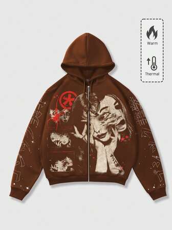 Anime Sudadera casual y de moda para hombre con estampado japonés de personaje de terror, con cremallera, cordón, forro térmico, cálida para otoño/invierno