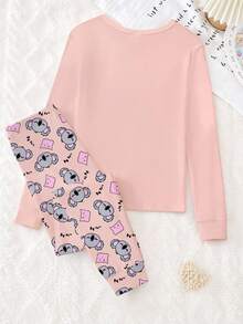 Girls Cute Koala Print Pink Knitted Stretchy Soft Comfortable Snug Fit Long Sleeve Top And Pants 2 Pieces Pajama Set - Dusty Pink - View 2