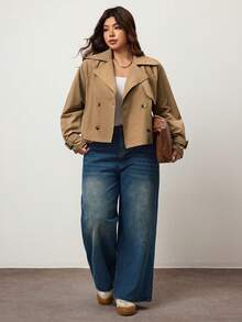 Enliva Plus Size Women's Autumn And Winter Fashion Casual Loose Comfortable Daily Basic Versatile Classic Khaki Short Windbreaker Jacket,Fall Outfits,Simle Style,Winter Coats, For Apple Rounded Body Shape - Khaki - View 5