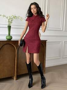 EastFlair 女士优雅粗花呢纽扣旗袍领开衩迷你连衣裙，夏季