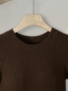 Franclia 女士条纹纹理优雅圆领中长连衣裙 - 深棕色 - 查看 5