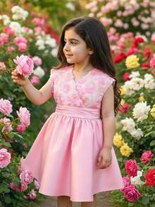 SHEIN Vestido casual de niña con tejido de unicolor y flores 3D - Rosa - Ver 4