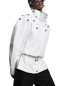 LYSMO 2026 New Arrive Minimalism Spring/Summer Women's Fashionable Casual Waist Belt Trench Coat, New Year Outfit - White - View 3