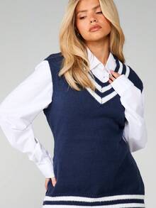 MISSGUIDED Preppy Navy V-Neck Sleeveless Knitted Sweater Vest Dress With White Stripe Details Layering Mini Fall Winter Academia Style - Blue and White - View 5
