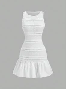 SHEIN Sweetro Spring/Summer Round Neck Lace Ruffle Textured Jacquard Bodycon Slip Dress, Elegant Luxurious Sexy, Suitable For Dates And Parties - White - View 1