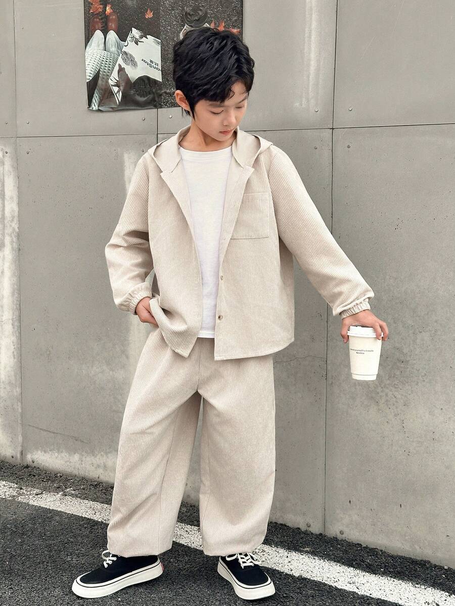 2pcs Kids/Tween Boys' Casual Patch Pocket Hooded Corduroy Zip-Up Jacket And Relaxed Fit Drawstring Waist Pants Set, Suitable For School, Garden, Beach, Birthday, Spring/Summer/Autumn/Winter