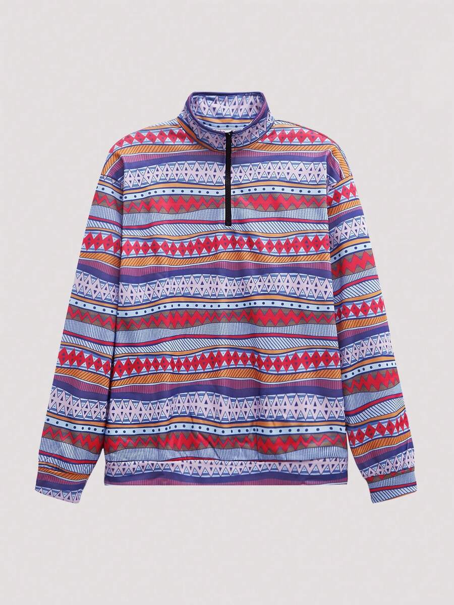 Open Phase Men Retro Totem Striped Pullover Sweatshirt - Multicolor - View 1