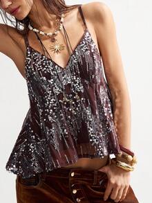 Bohemela 波西米亚风冬/春/夏外套，复古女士纯色亮片荷叶边下摆优雅吊带背心，西部乡村风格音乐会派对，适合海滩度假、日常穿着、返校、外出、派对、新年、情人节等场合。 - 棕色 - 查看 6