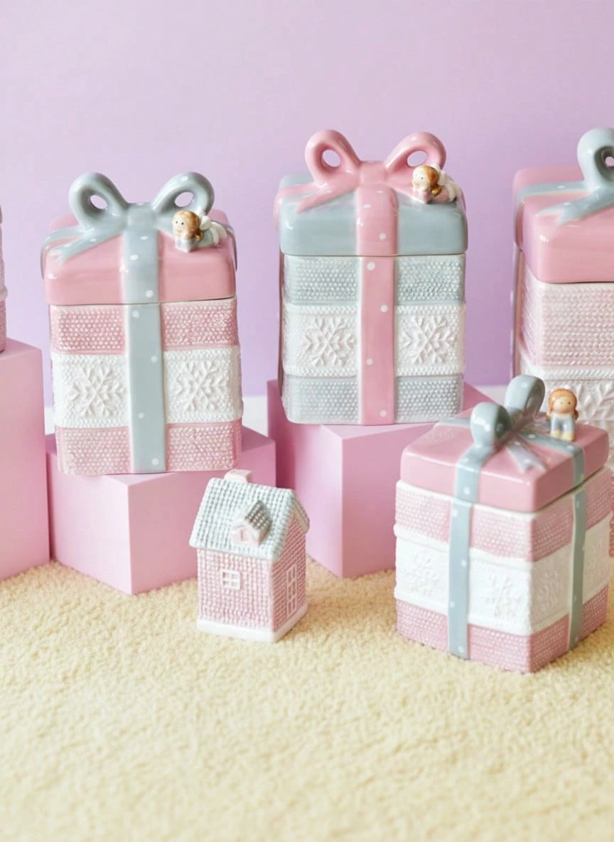 Joivida 1pc Cute Bow Gift Box-Shaped Storage Jar, Valentine's Day Pink Girlish Ceramic Sealed Jar Storage Jar, Storage Jar Can, Decorative Item, Suitable For Bedrooms, Living Rooms, Entrance Halls, Storage And Decorative Items Ramadan Festival