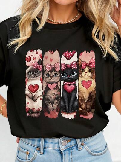 EMERY ROSE 蝴蝶结爱心可爱猫咪甜美酷炫印花休闲加大码T恤