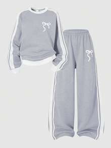 Sparklyn 2 Stücke/Set Mädchen Lässig Minimalistisch Schleife Dekor Rundhals Langarm Sweatshirt und Hose Set - Grau - Übersicht 4