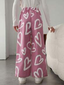 SHEIN Tween Girls' Casual Cute High Waist Woven Heart Pattern Wide Leg Pants - Pink - View 2