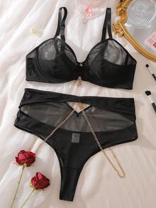 Lencería sexy de talla grande con diseño de cadena y malla, con buen soporte y caída, glamorosa y encantadora - Negro - Ver 6