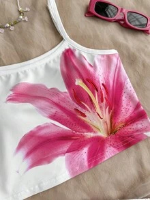 少女白色夏季休閒度假套裝，花卉印花背心上衣與迷你裙套裝，波西米亞熱帶海灘度假風兩件式 - 白色 - 查看 3