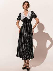 Poéselle Women's Polka Dot Single-Breasted Slit Design Waist Cinching Party & Holiday Short Sleeve Dress,Valentine's Day,Valentine's Day Outfit,Floral Lace Dress,Elegant Dresses For Women,Holiday Outfits For Women,Birthday Dresses For Women ,Wedding Guest Dress For Women,Spring/Summer - Black and White - View 3