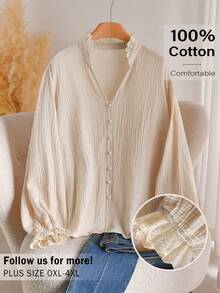 CosyJoli 大码女式纯色翻领前开襟纽扣休闲长袖衬衫 - 杏色 - 查看 1