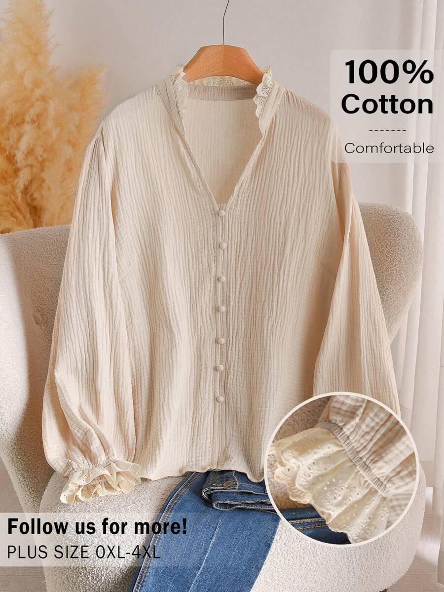 CosyJoli 大码女式纯色翻领前开襟纽扣休闲长袖衬衫 - 杏色 - 查看 1